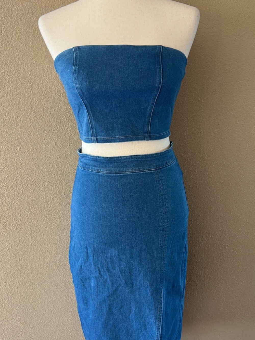 Haute Monde Blue Denim Midi Pencil Skirt with Front Slit - Picture 10 of 12